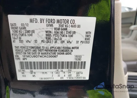 2012 Ford Escape Xlt z USA, uszkodzony, nr VIN 1FMCU9D74CKC00087